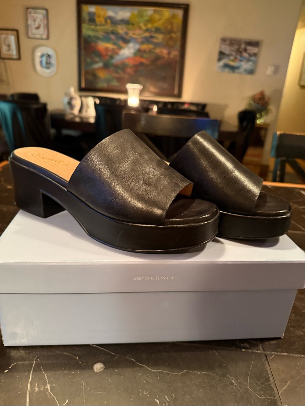 Seychelles Black Leather Platform Slide Mules